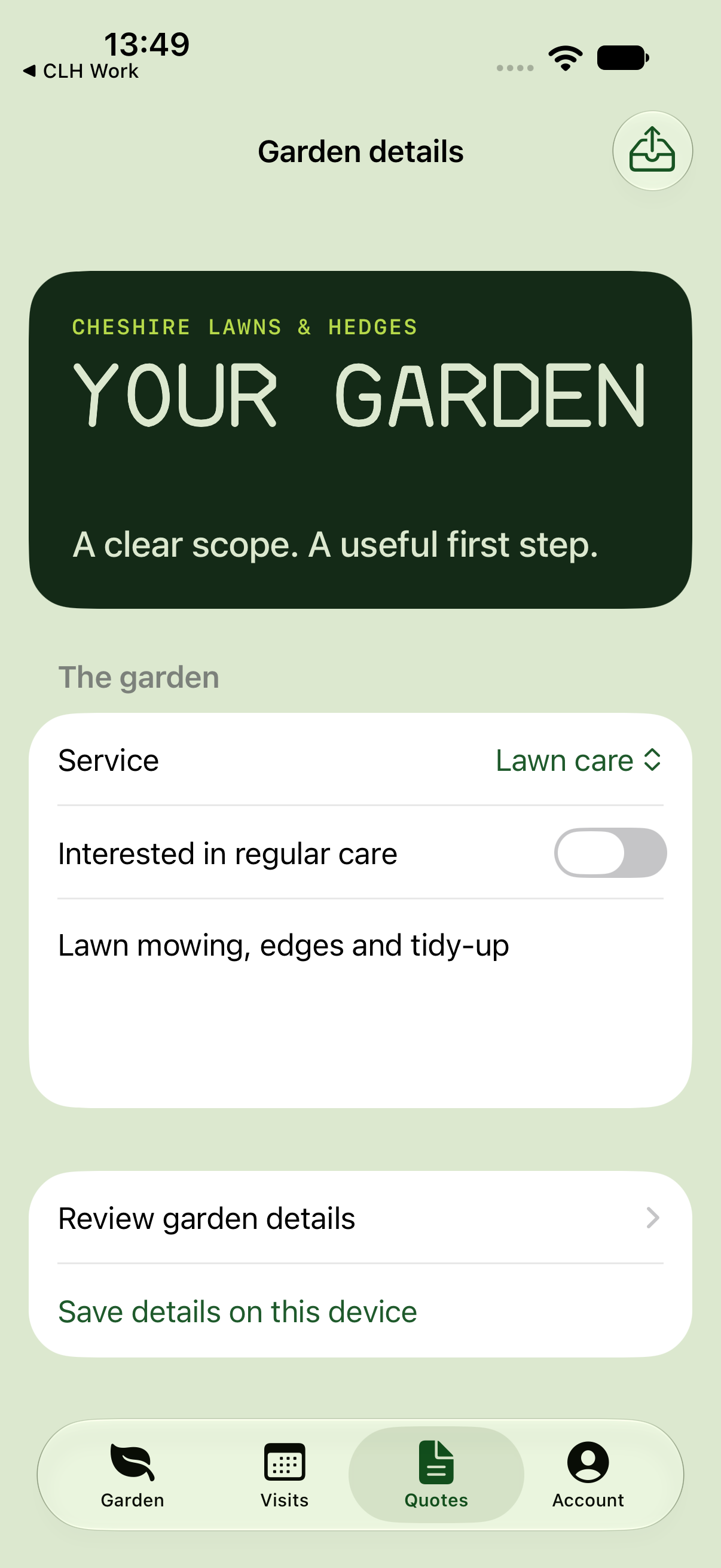 CLH Customer quote request form with native iOS 27 navigation and tab bar