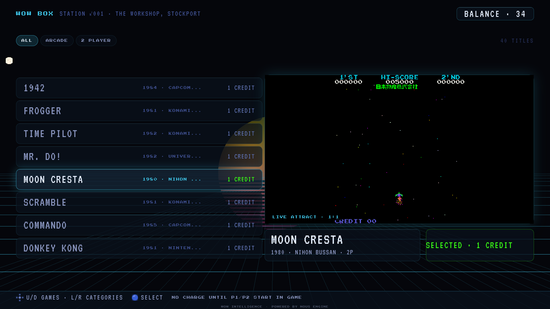 WOW Box native menu with Moon Cresta attract gameplay, selected price and shared balance