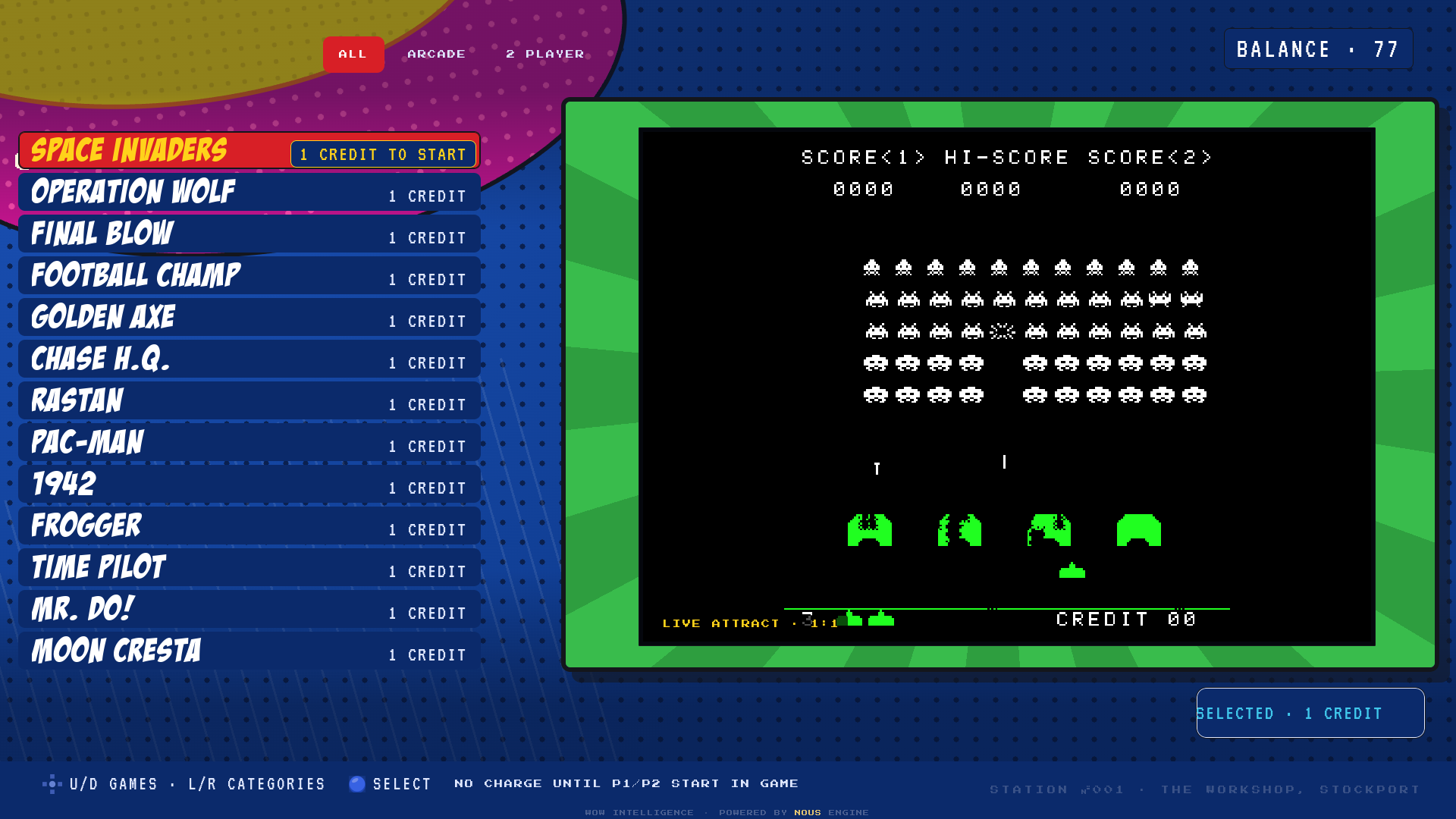 Native WOW Box Comic Crazy interface with Space Invaders attract gameplay and shared wallet balance