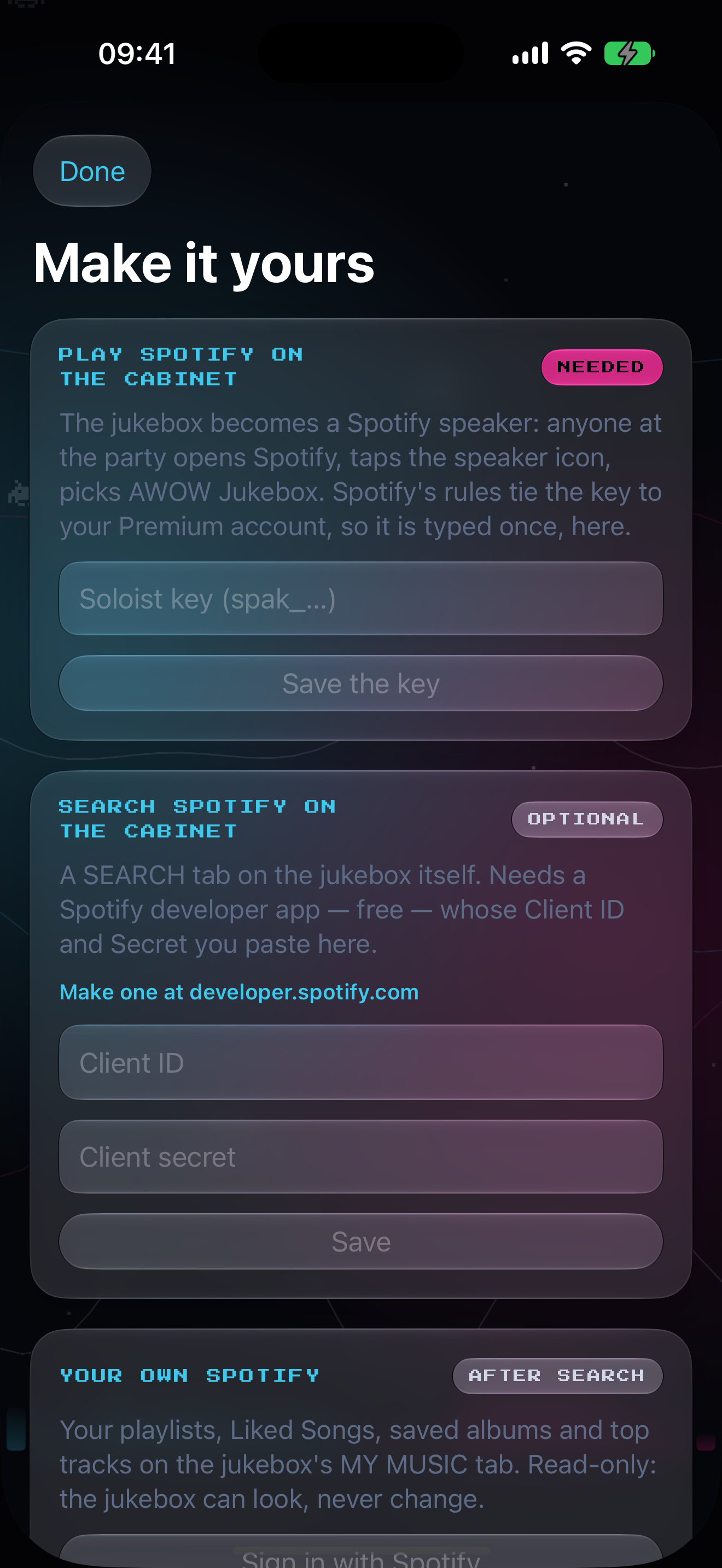 The AWOW Jukebox app on iPhone: the accounts screen for signing the cabinet in to Spotify and YouTube from the phone