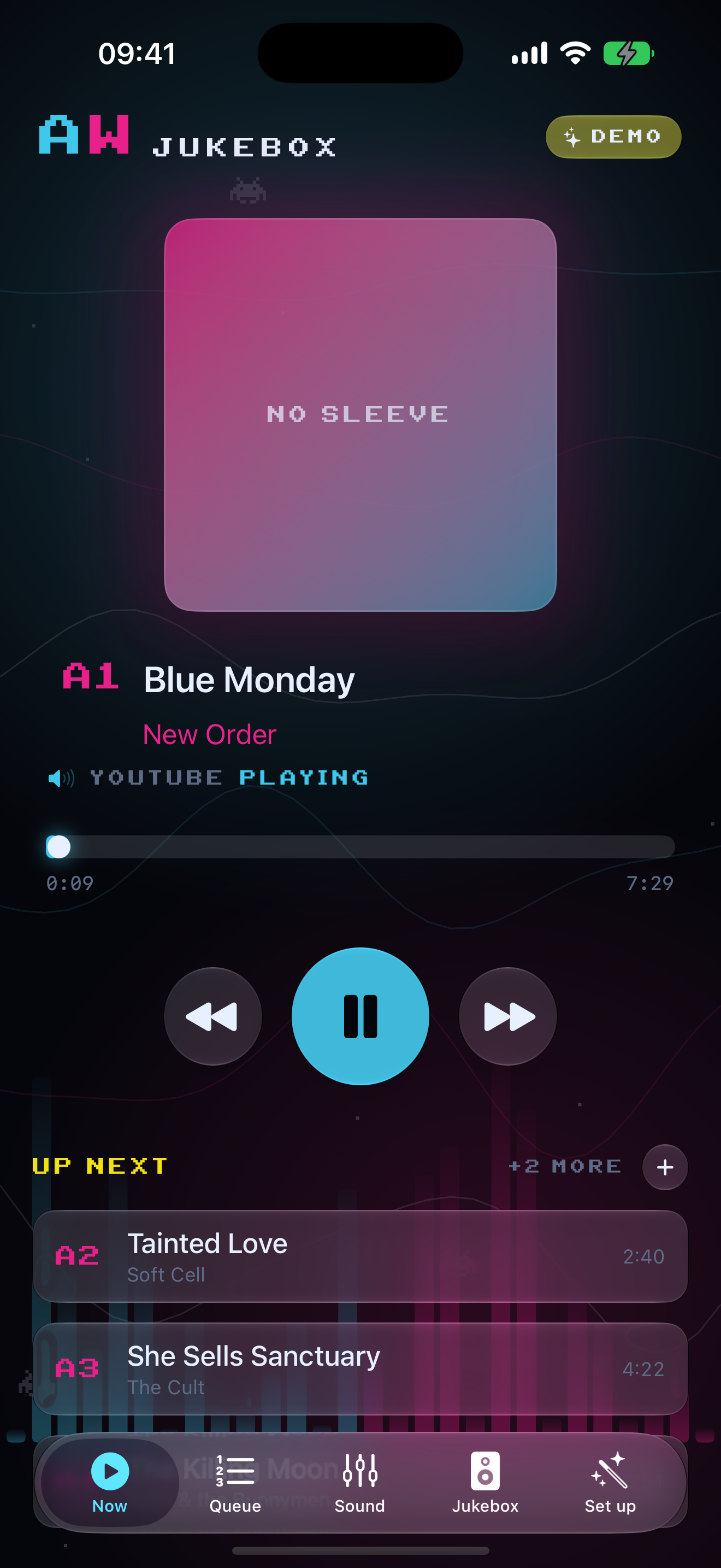 The AWOW Jukebox app on iPhone, Now tab: the track, the artist, the artwork tile and the transport controls