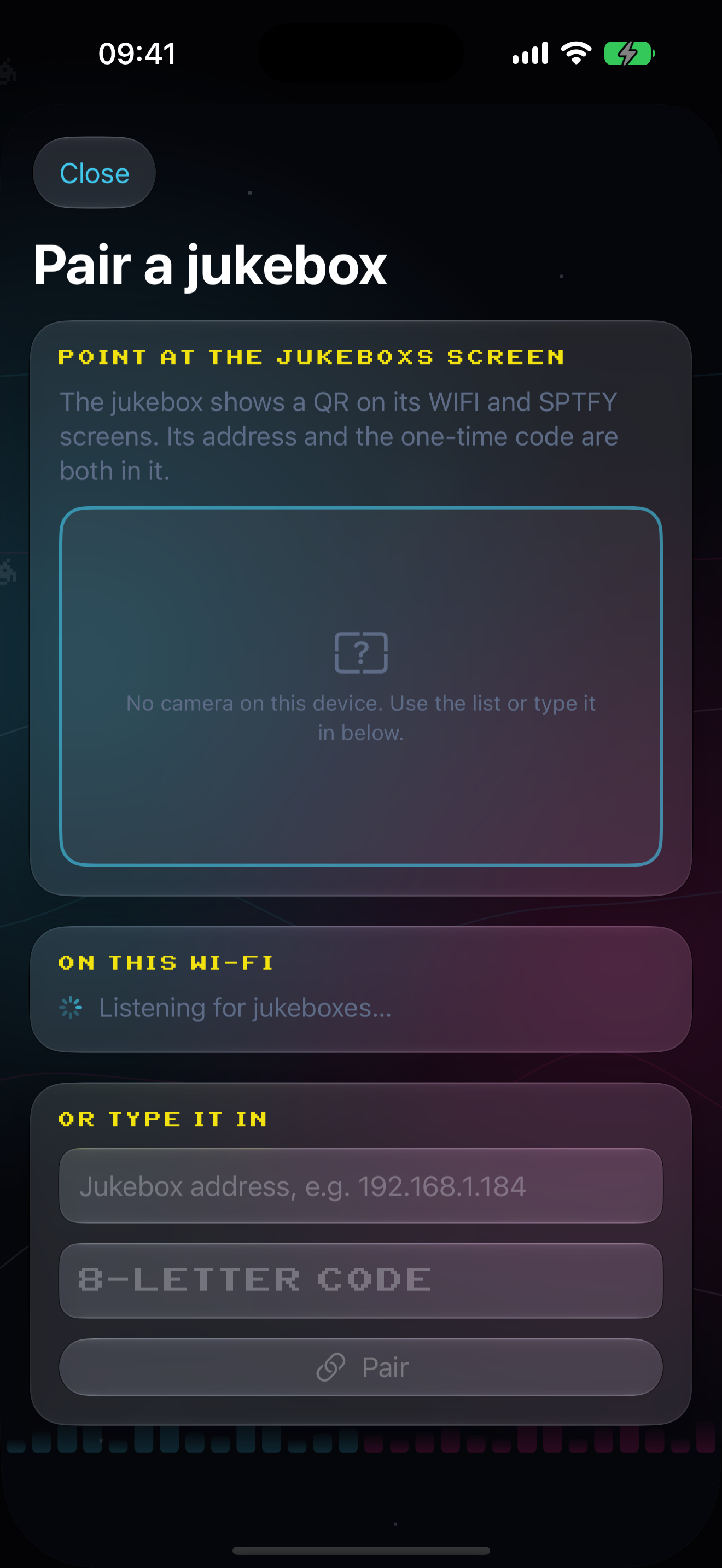 The AWOW Jukebox app on iPhone: the pairing screen, ready to read the code on the cabinet's screen