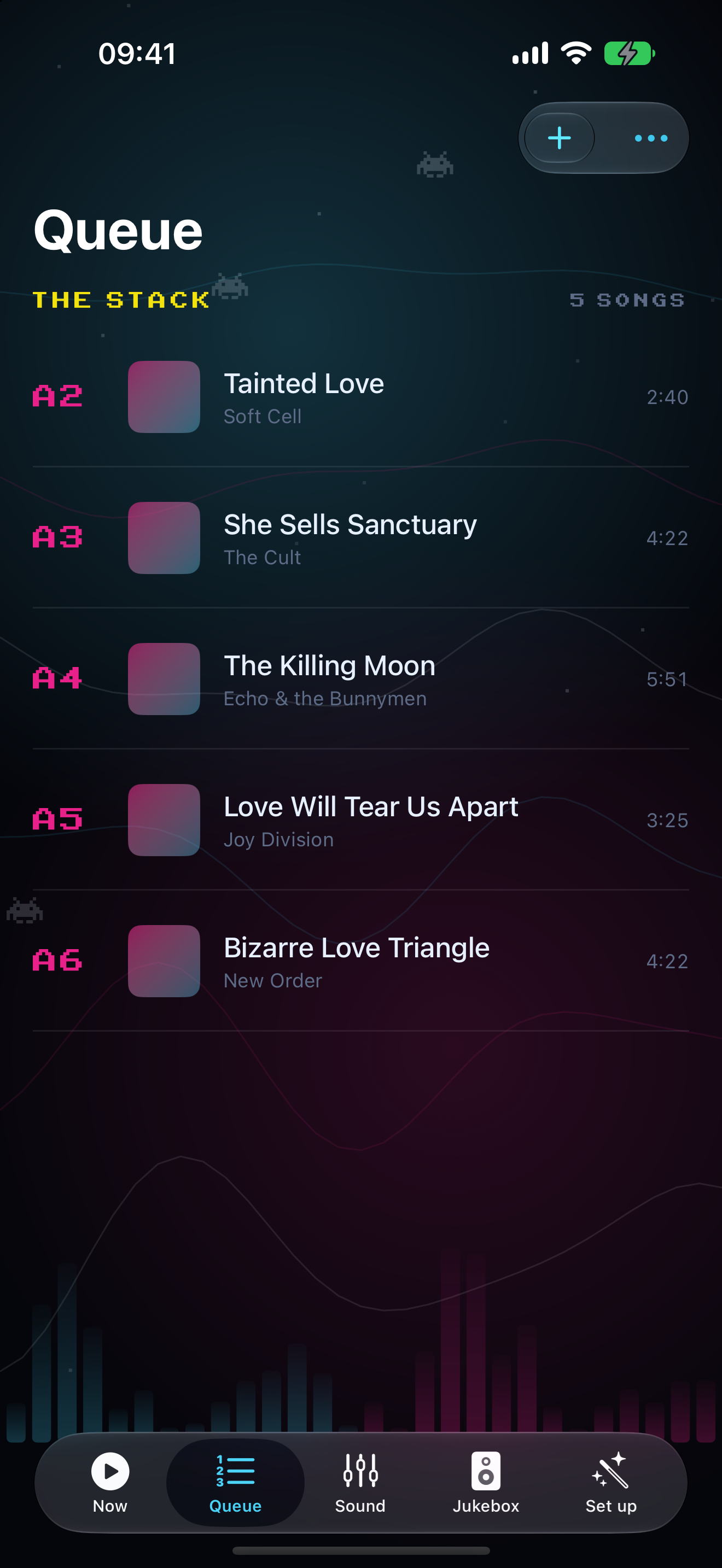 The AWOW Jukebox app on iPhone, Queue tab: the stack of what is coming with selector codes beside each row