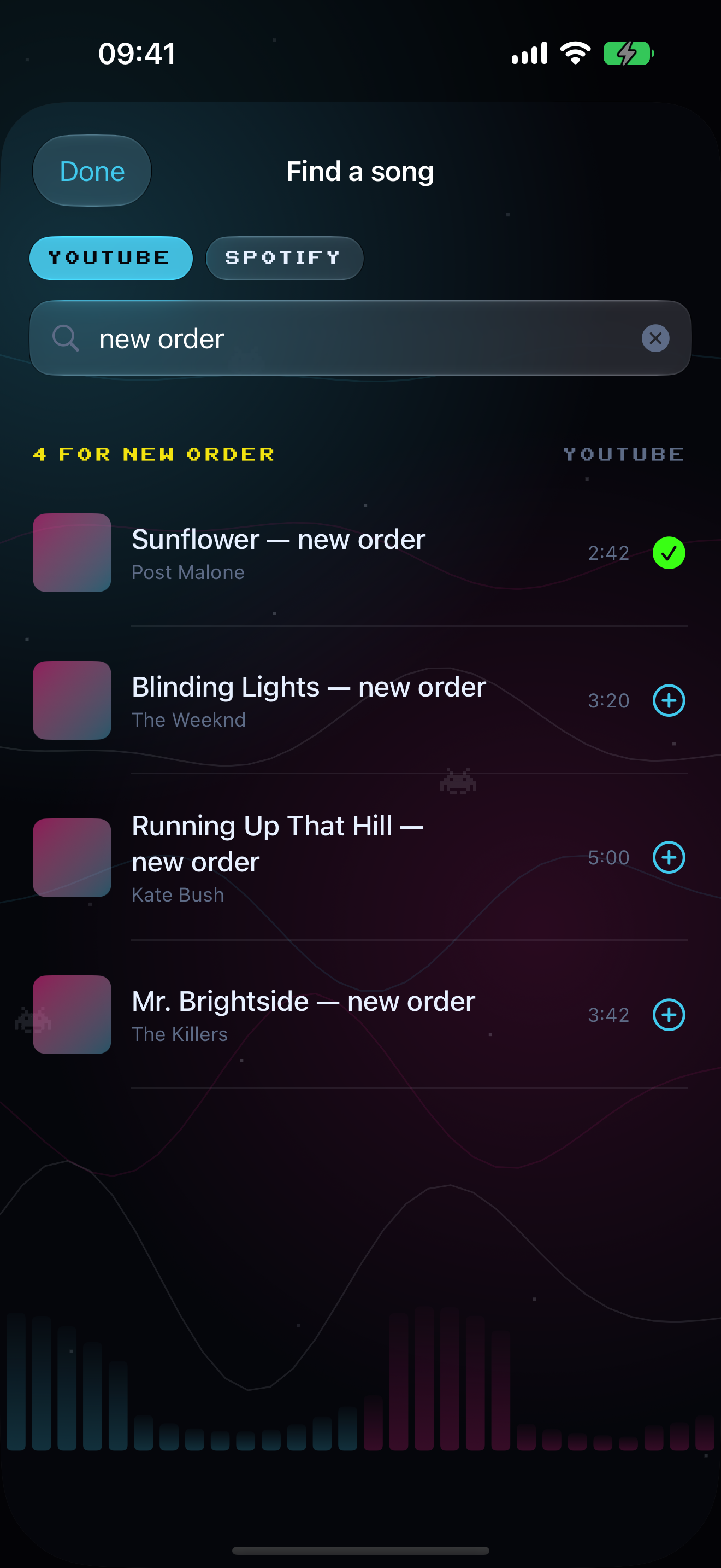 The AWOW Jukebox app on iPhone: a search result just added to the cabinet's stack