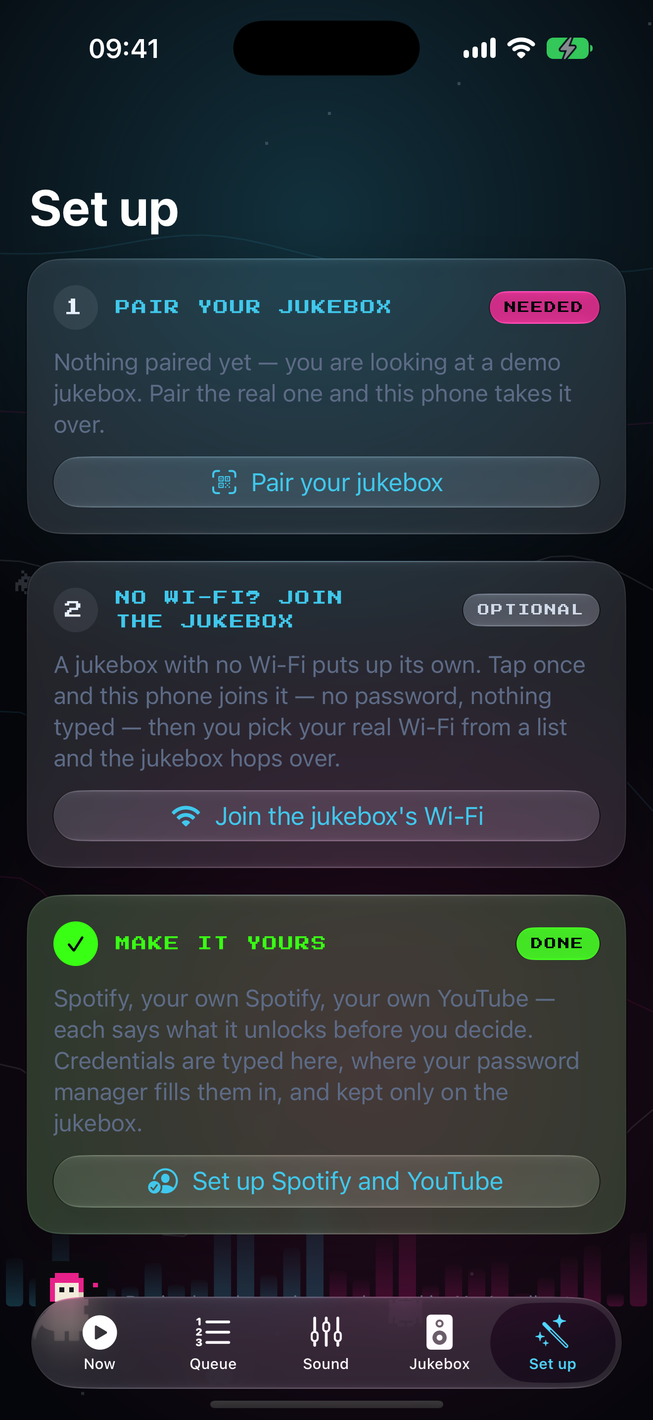 The AWOW Jukebox app on iPhone: the Set up tab with the jukebox's own tasks laid out