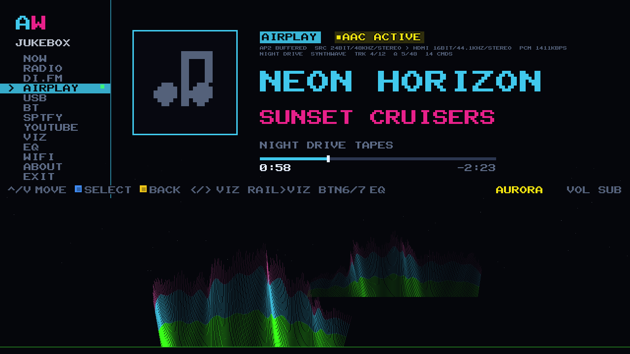 The same AirPlay session on the cabinet with no cover art sent: the pixel-art note in the panel and the track text taking the width
