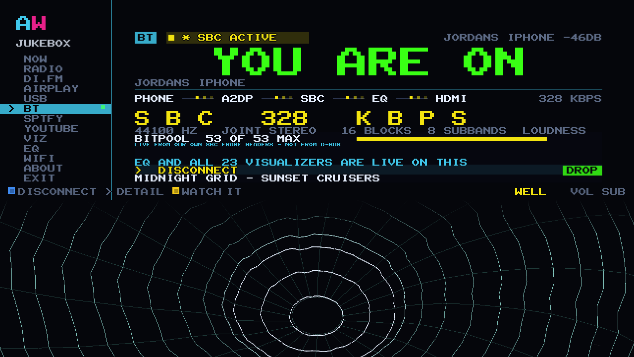 Bluetooth streaming on the cabinet: the SBC ACTIVE chip, the negotiated codec detail and the track name from the phone