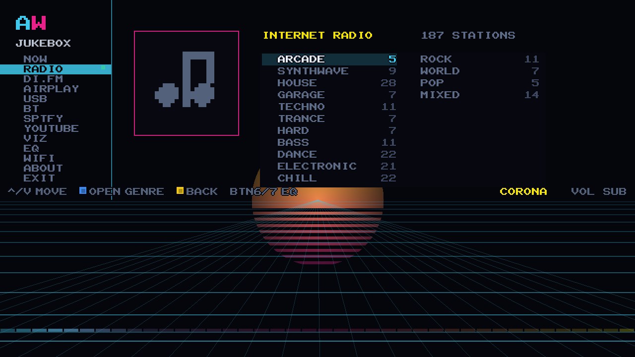 INTERNET RADIO on the cabinet: 187 STATIONS across 15 genre groups with a count beside each, from HOUSE 28 down to ARCADE 5