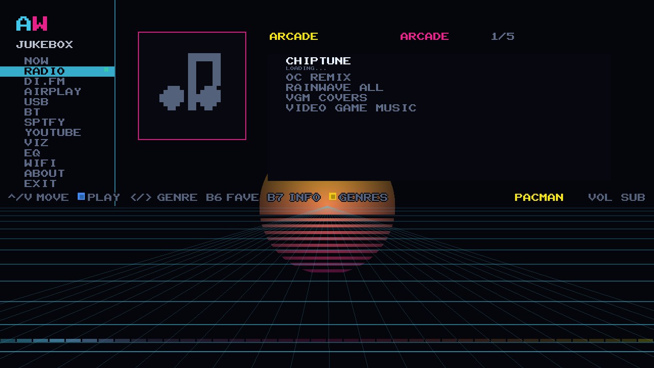 The ARCADE genre on the cabinet: CHIPTUNE, OC REMIX, RAINWAVE ALL, VGM COVERS and VIDEO GAME MUSIC