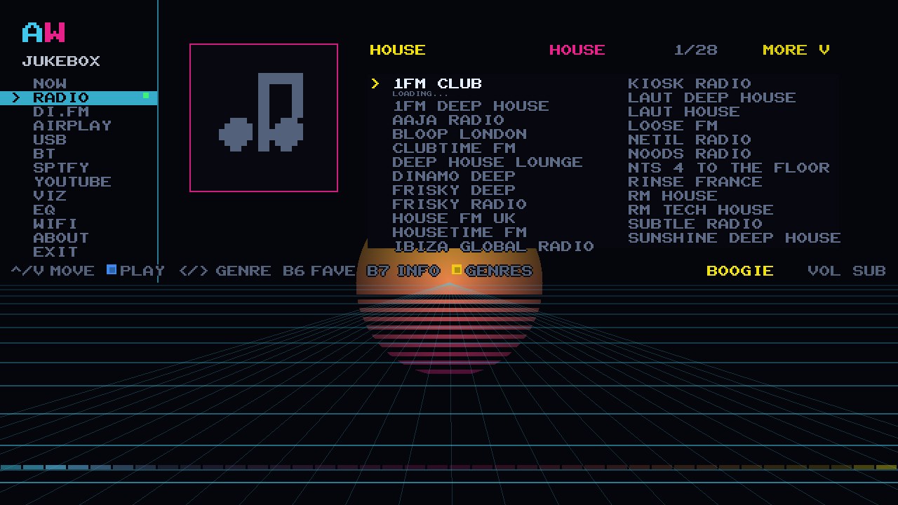The HOUSE genre on the cabinet: twenty-eight stations in the list with the one on air lit and its rolling track title underneath
