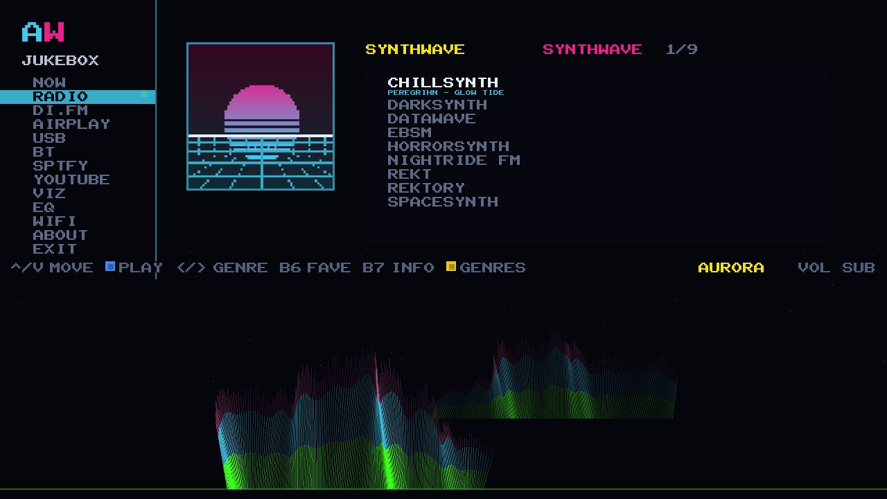 The SYNTHWAVE genre on the cabinet: nine stations with DATAWAVE lit ON AIR and its rolling track title underneath