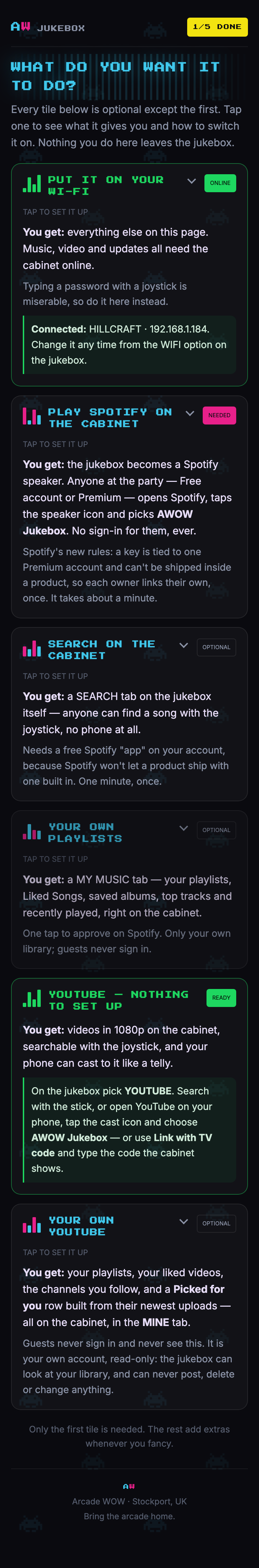The cabinet's own setup page on a phone, full length: six tiles for Wi-Fi, Spotify search, your own playlists and your own YouTube