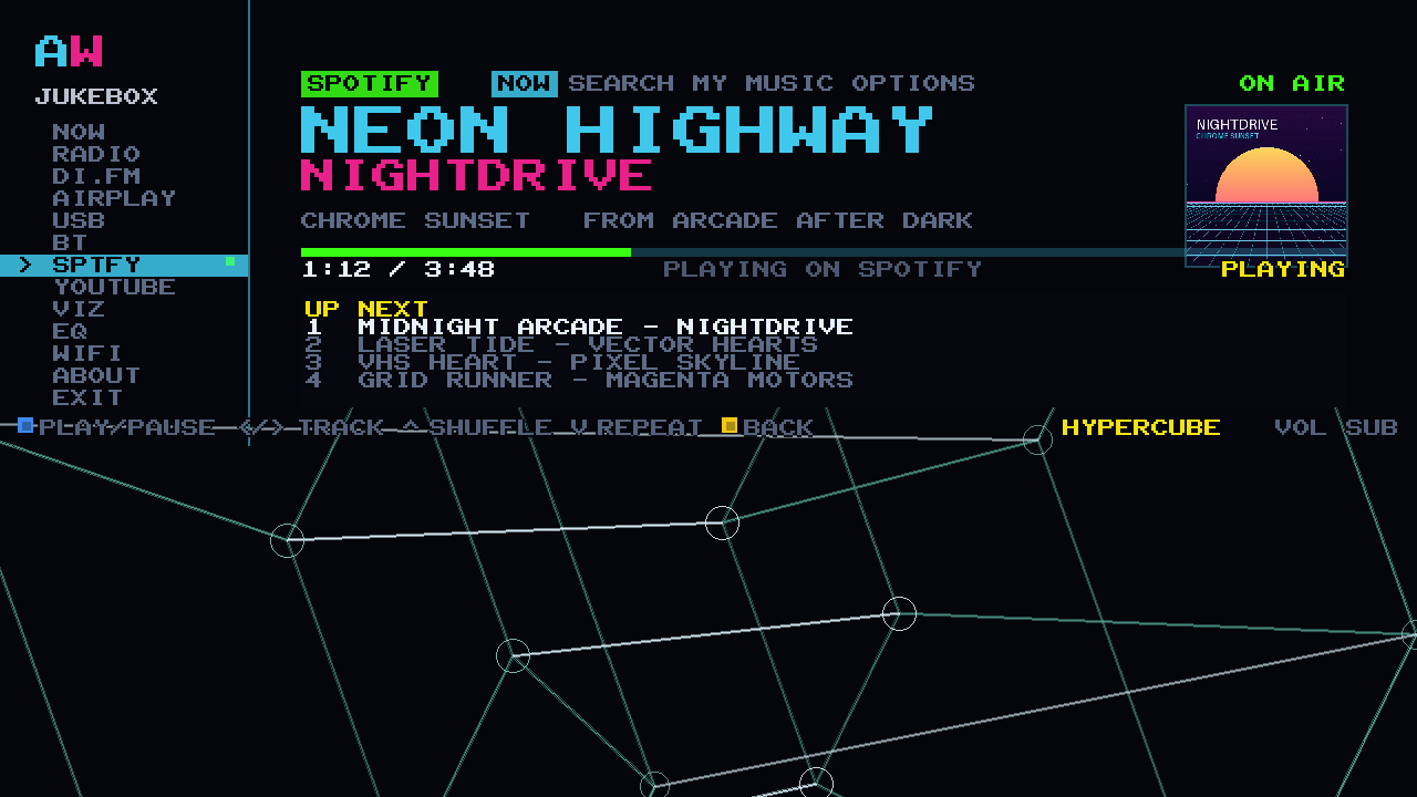 Spotify playing on the cabinet: the sleeve, NEON HIGHWAY by NIGHTDRIVE, a scrubber at 1:12 of 3:48 and the UP NEXT queue