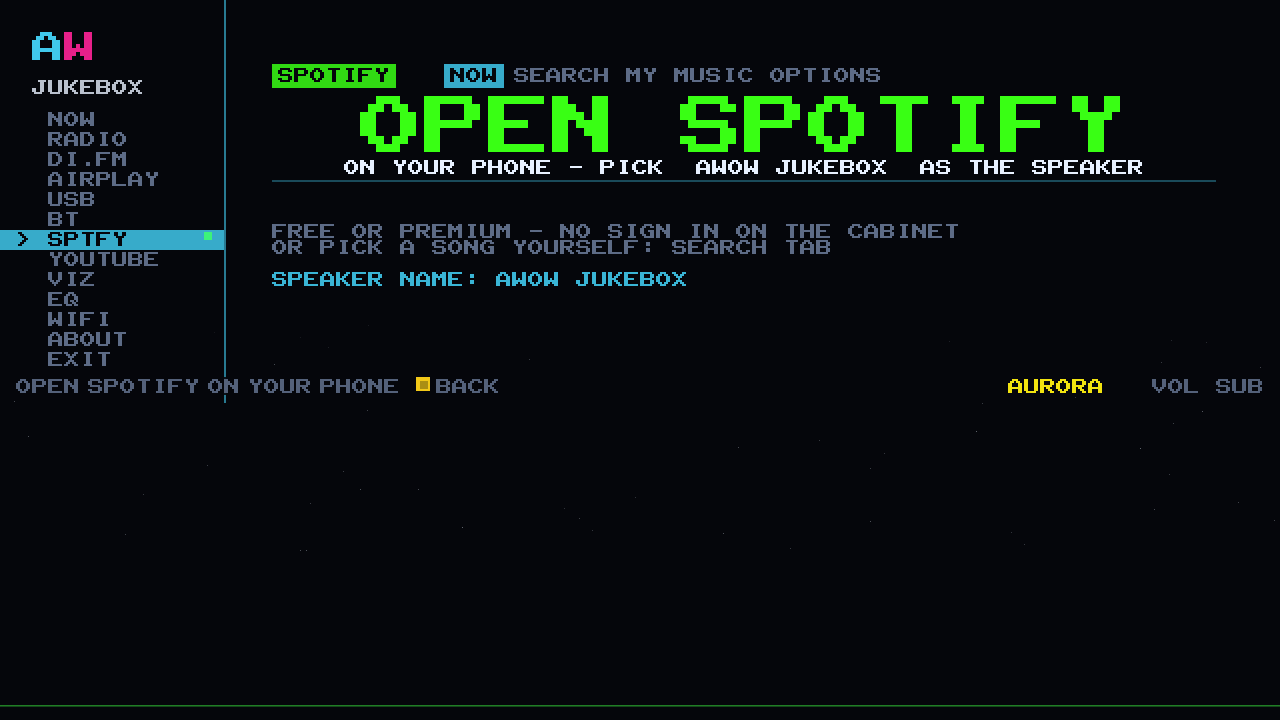 The Spotify waiting screen on the cabinet: OPEN SPOTIFY, pick AWOW JUKEBOX as the speaker, free or premium, no sign in on the cabinet