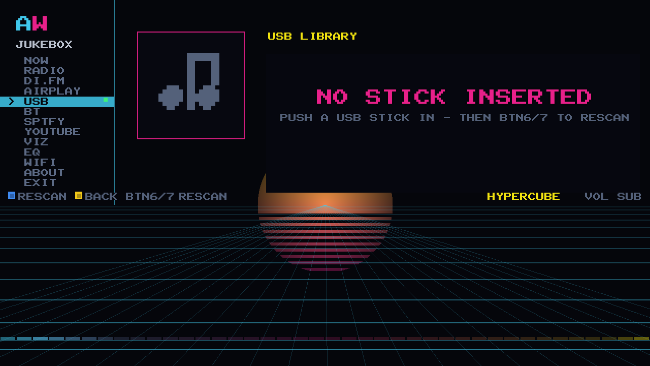 USB on the cabinet with nothing in the port: USB LIBRARY, NO STICK INSERTED, and PUSH A USB STICK IN on the plate