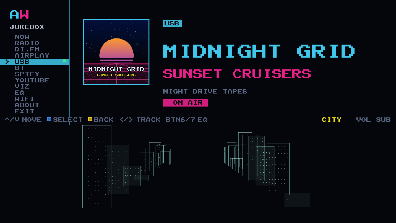 A USB track playing on the cabinet: MIDNIGHT GRID by SUNSET CRUISERS with the sleeve out of the file's own tags in the panel