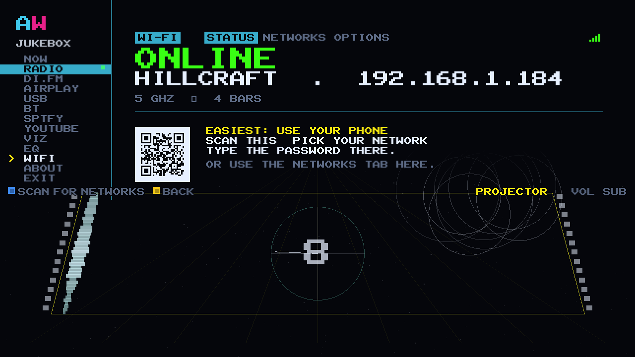 Wi-Fi STATUS on the cabinet: ONLINE in green with the network name, the address and a QR code for setting up from a phone