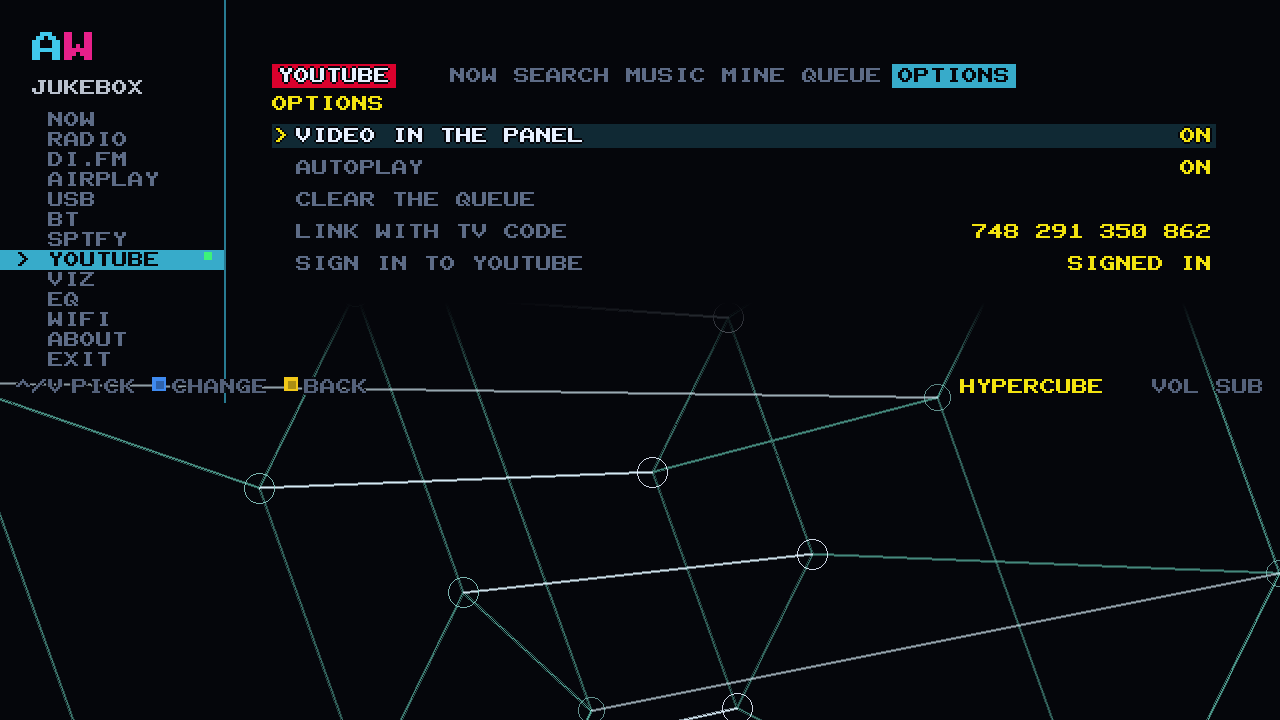 YouTube OPTIONS on the cabinet: VIDEO IN THE PANEL ON, AUTOPLAY ON, CLEAR THE QUEUE and LINK WITH TV CODE