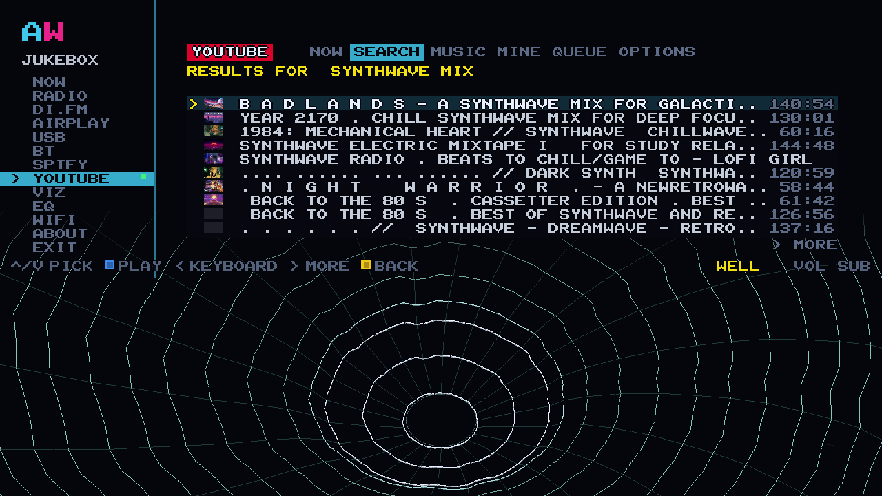 YouTube search on the cabinet: RESULTS FOR SYNTHWAVE MIX with twelve rows, thumbnails and durations