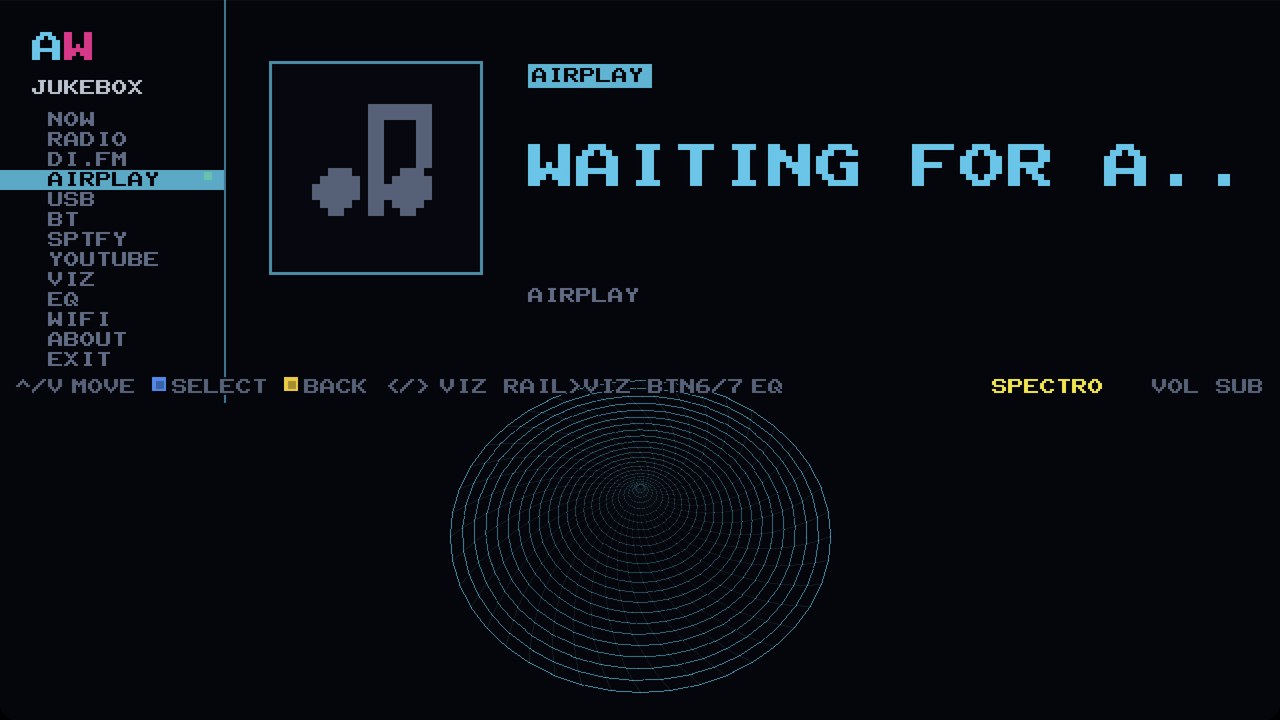 AIRPLAY selected on the cabinet and waiting for a device, with the AIRPLAY badge, the empty art panel and the visualizer idling underneath