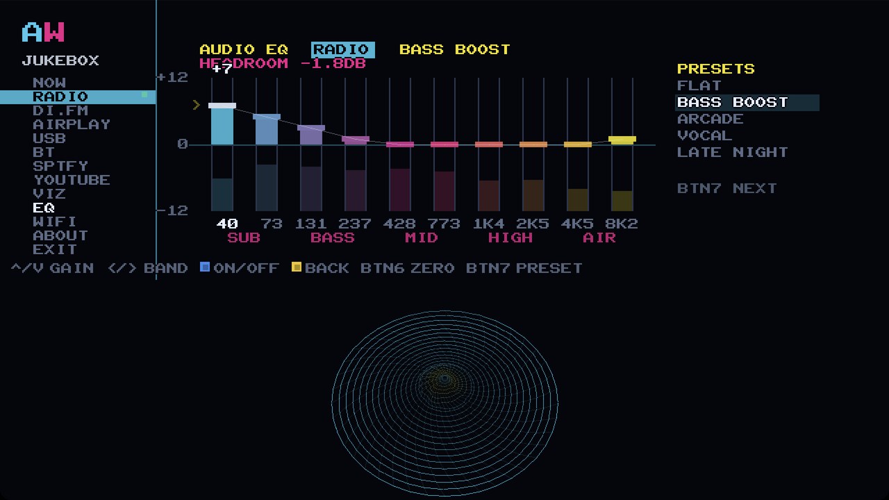 AUDIO EQ on the cabinet: the BASS BOOST preset with the low faders lifted and the HEADROOM readout showing