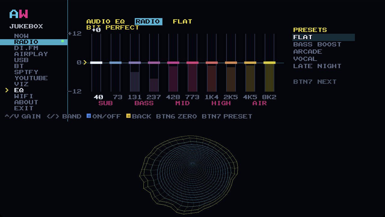 AUDIO EQ on the cabinet: the FLAT preset with all ten faders at zero and the BIT PERFECT readout lit