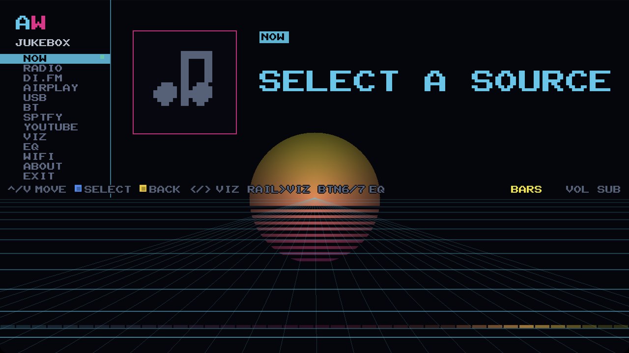 The first screen after picking JUKEBOX: SELECT A SOURCE over the pixel sun and cyan grid, with the source rail down the left