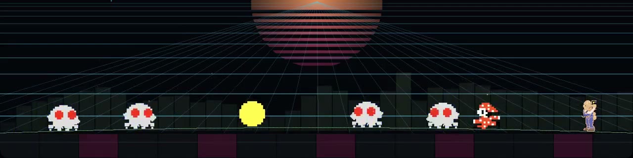 BOOGIE visualizer: six arcade characters dancing on a lit floor with a barkeep