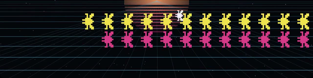 GALAGA visualizer: a squadron of pixel ships flying in formation to the beat